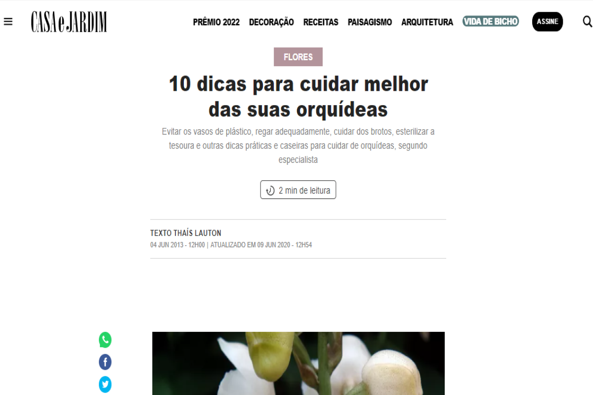 Publicação do site casaejardim.globo.com sobre orquídeas - Imagem portal Casa e Jardim