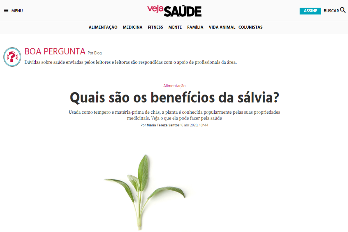 Publicação do site saude.abril.com.br sobre os benefícios da sálvia - Imagem revista Veja