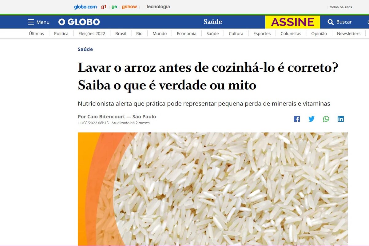 Reportagem sobre a necessidade de lavar o arroz - Imagem extraída do site oglobo.globo.com