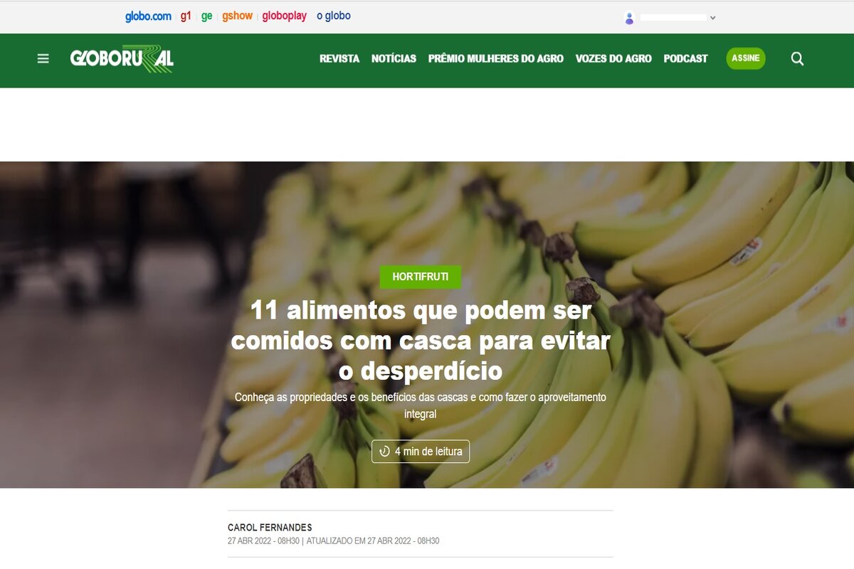 Reportagem sobre alimentos que podem ser consumidos com casca - Imagem extraída do site globorural.globo.com