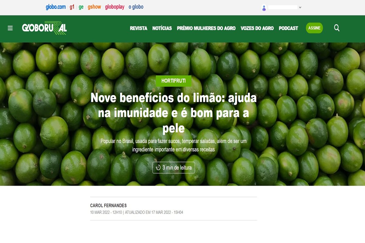 Reportagem sobre os benefícios do limão - Imagem: globorural.globo.com