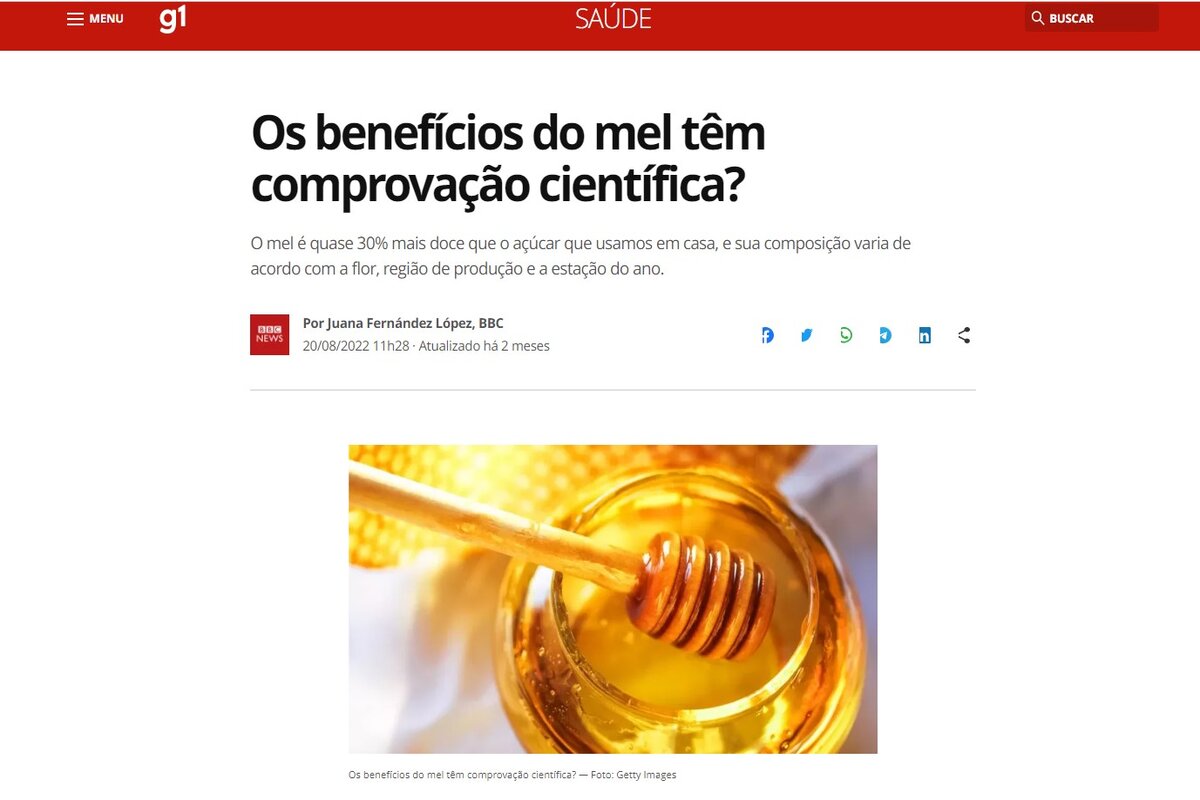 Reportagem sobre os benefícios do mel - Imagem extraída do site g1.globo.com