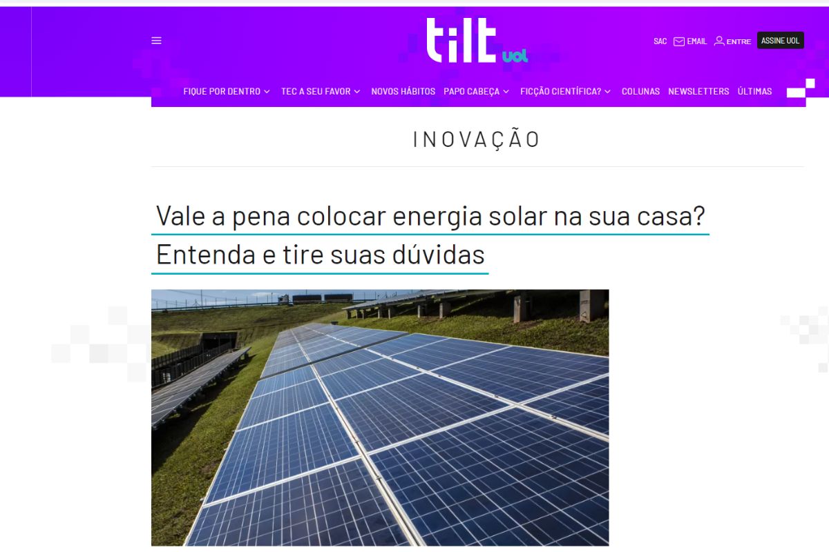 Vantagens e desvantagens da energia solar/ Fonte: site Tilt/Uol