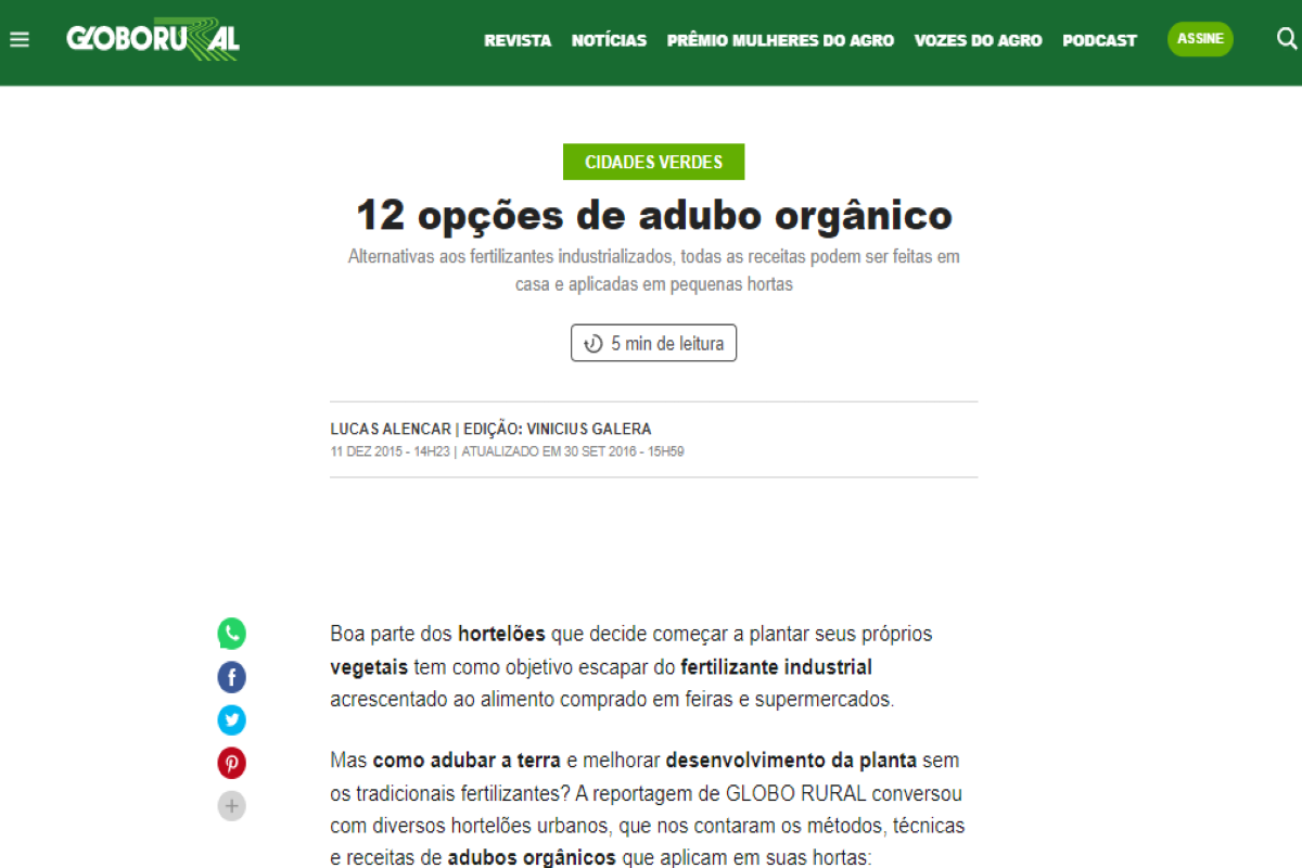 Publicação do site globorural.globo.com sobre adubo natural - Imagem revista Globo Rural