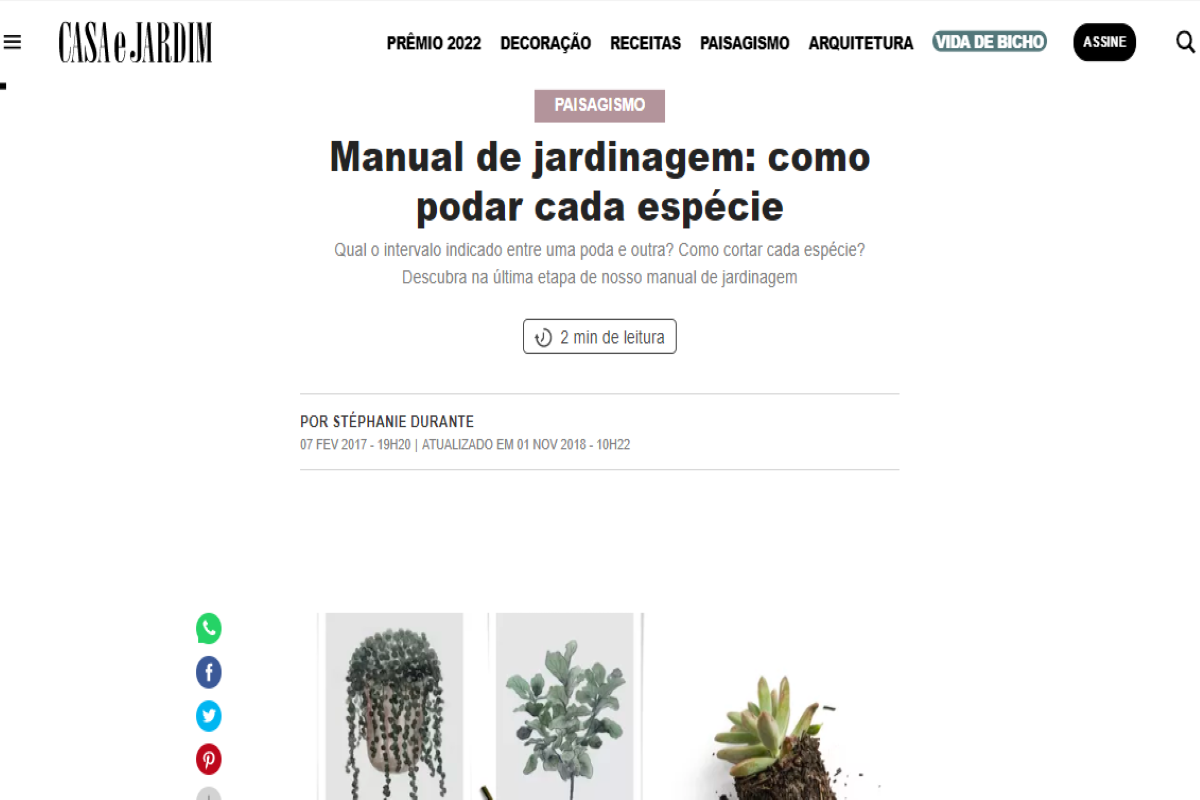 Publicação do site revistacasaejardim.globo.com sobre a importância de podar as plantas - Imagem revista Casa e Jardim