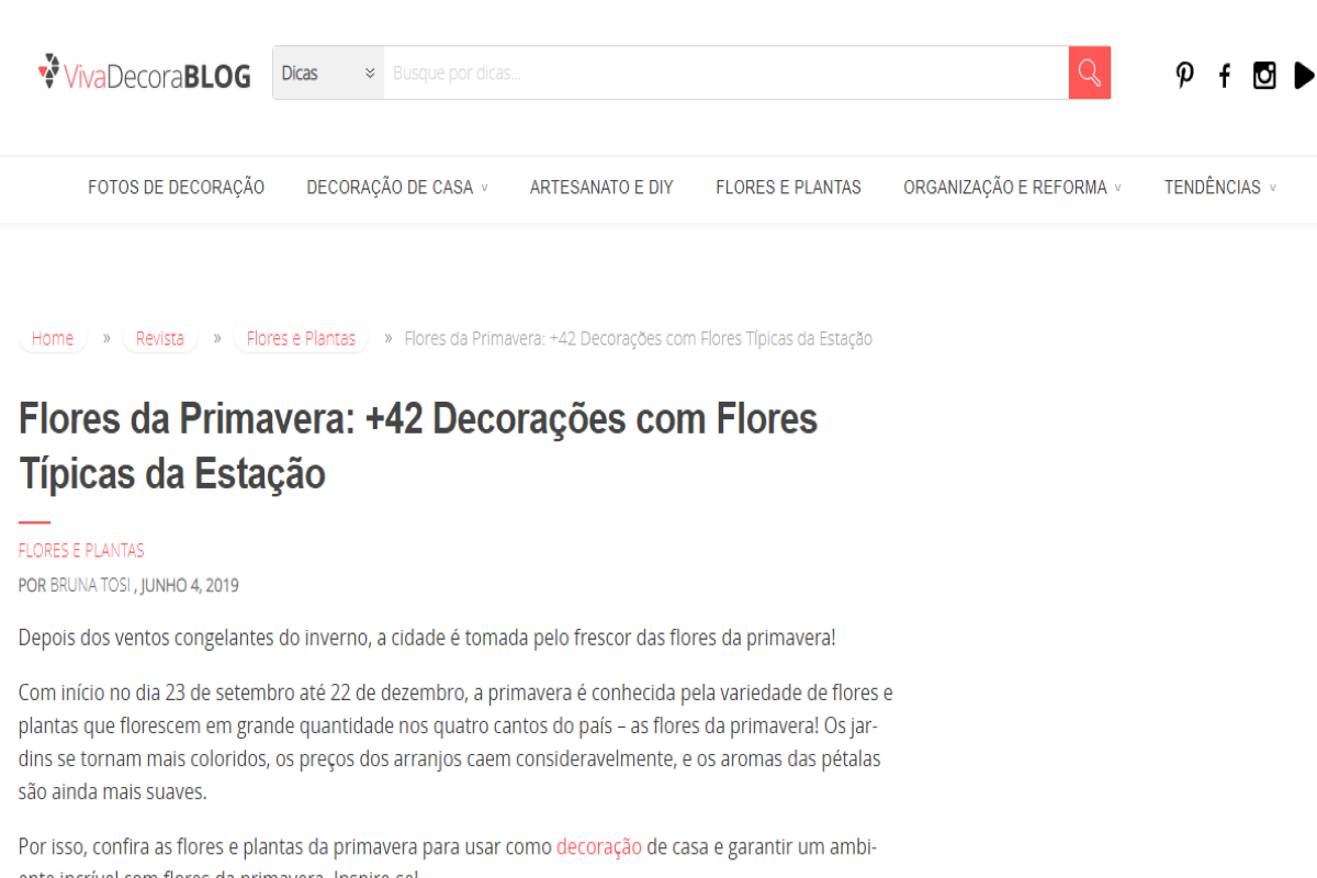 Publicação do site vivadecora.com.br sobre flores da primavera - Imagem portal Viva Decora
