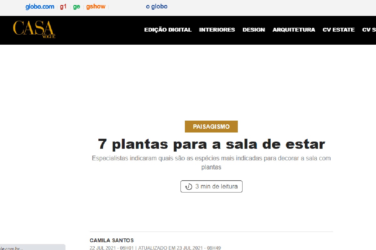 Reportagem sobre plantas na sala de estar - Foto: Portal Globo