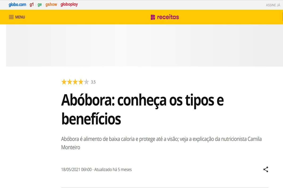 Reportagem sobre os benefícios da abóbora - Imagem extraída do site receitas.globo.com