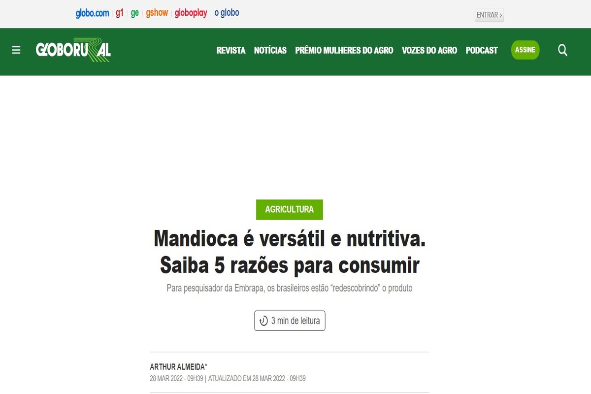 Reportagem sobre as qualidades da mandioca - Imagem extraída do site globorural.globo.com