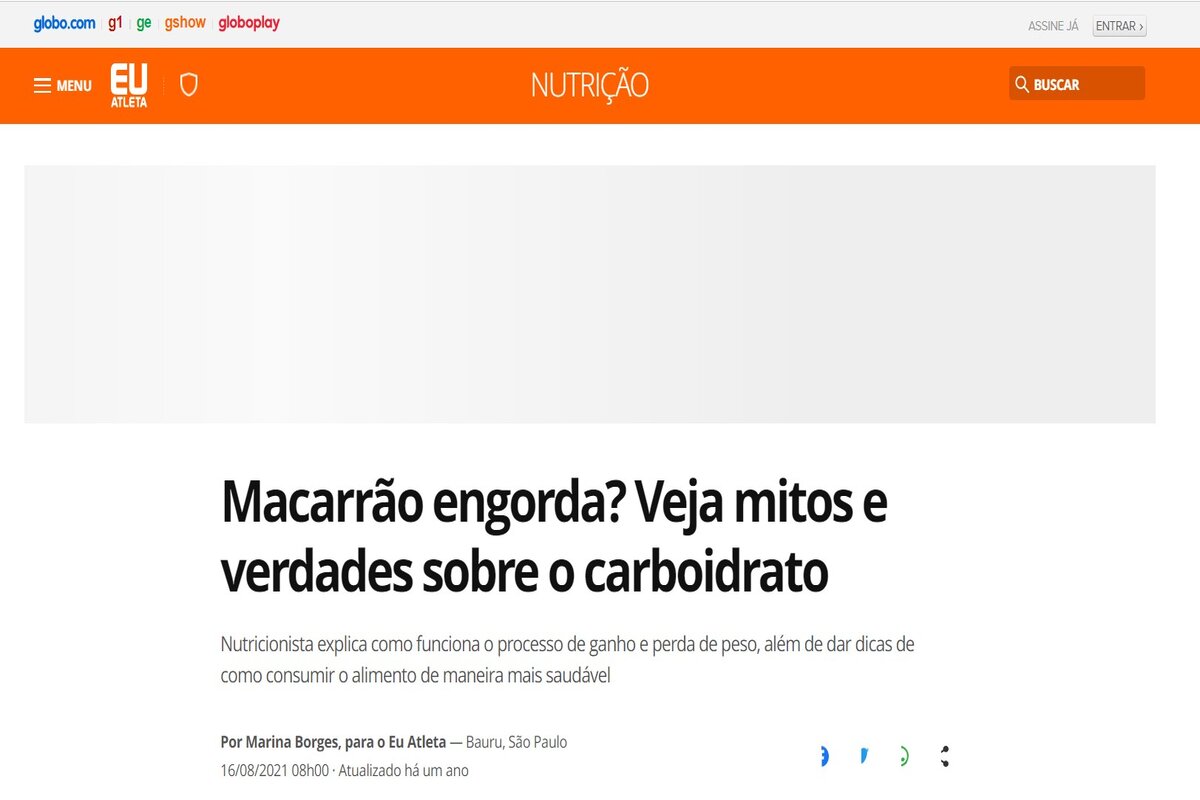Reportagem sobre verdades e mitos sobre o macarrão - Imagem extraída do site ge.globo.com