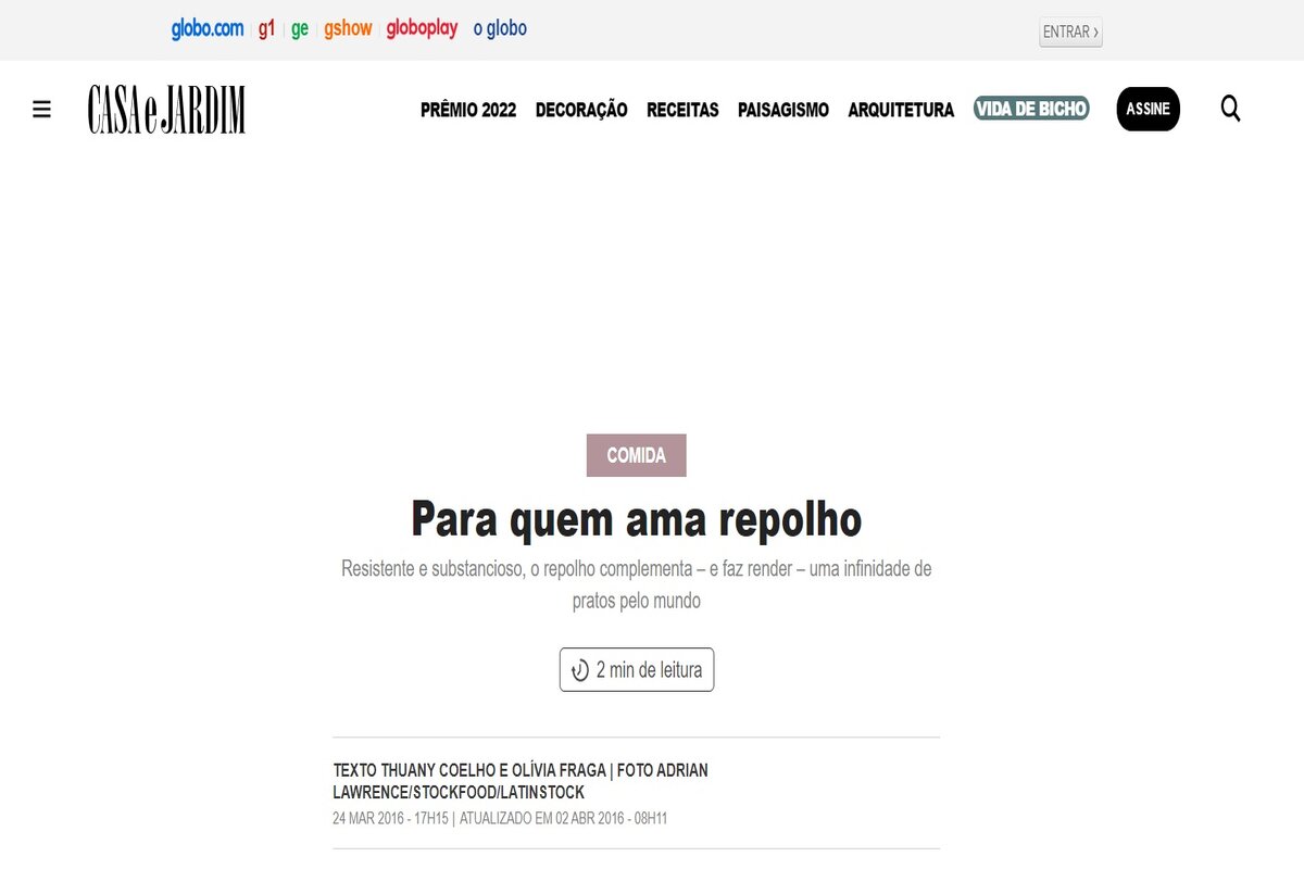 Reportagem sobre os benefícios do repolho - Imagem extraída do site revistacasaejardim.globo.com