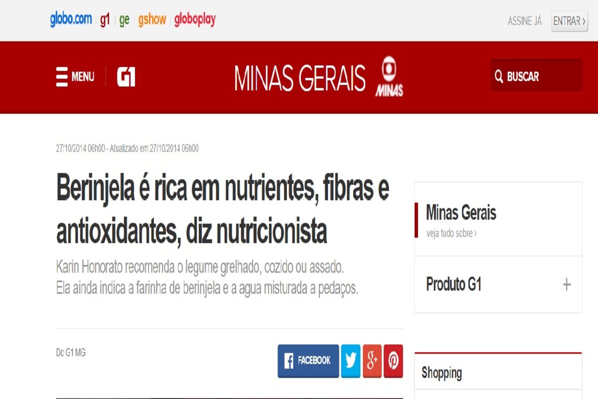 Reportagem sobre os benefícios da berinjela - Imagem extraída do site g1.globo.com