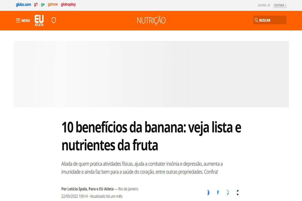 Reportagem sobre os benefícios da banana - Imagem extraída do site ge.globo.com