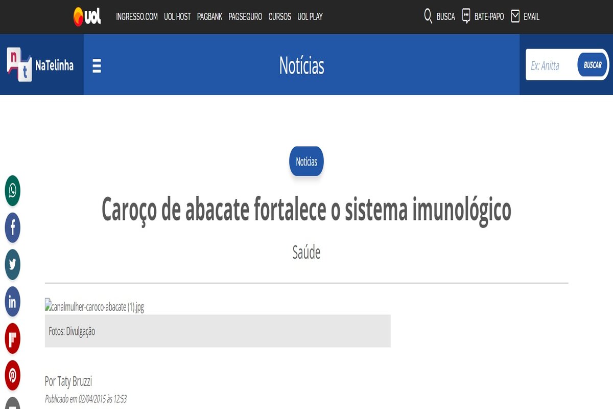 Reportagem sobre os benefícios do caroço de abacate - Imagem extraída do site natelinha.uol.com.br
