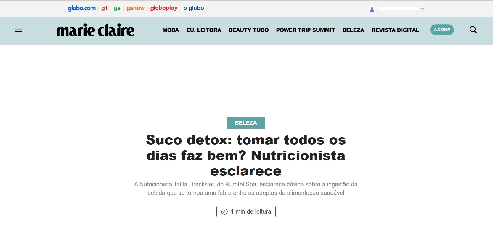 Reportagem sobre suco detox - Imagem extraída do site revistamarieclarie.globo.com