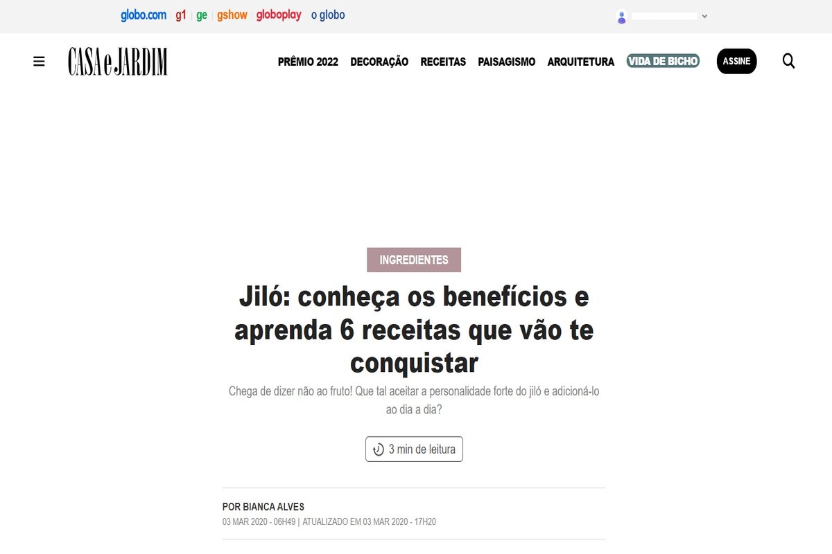 Reportagem sobre os benefícios do jiló - Imagem extraída do site revistacasaejardim.globo.com