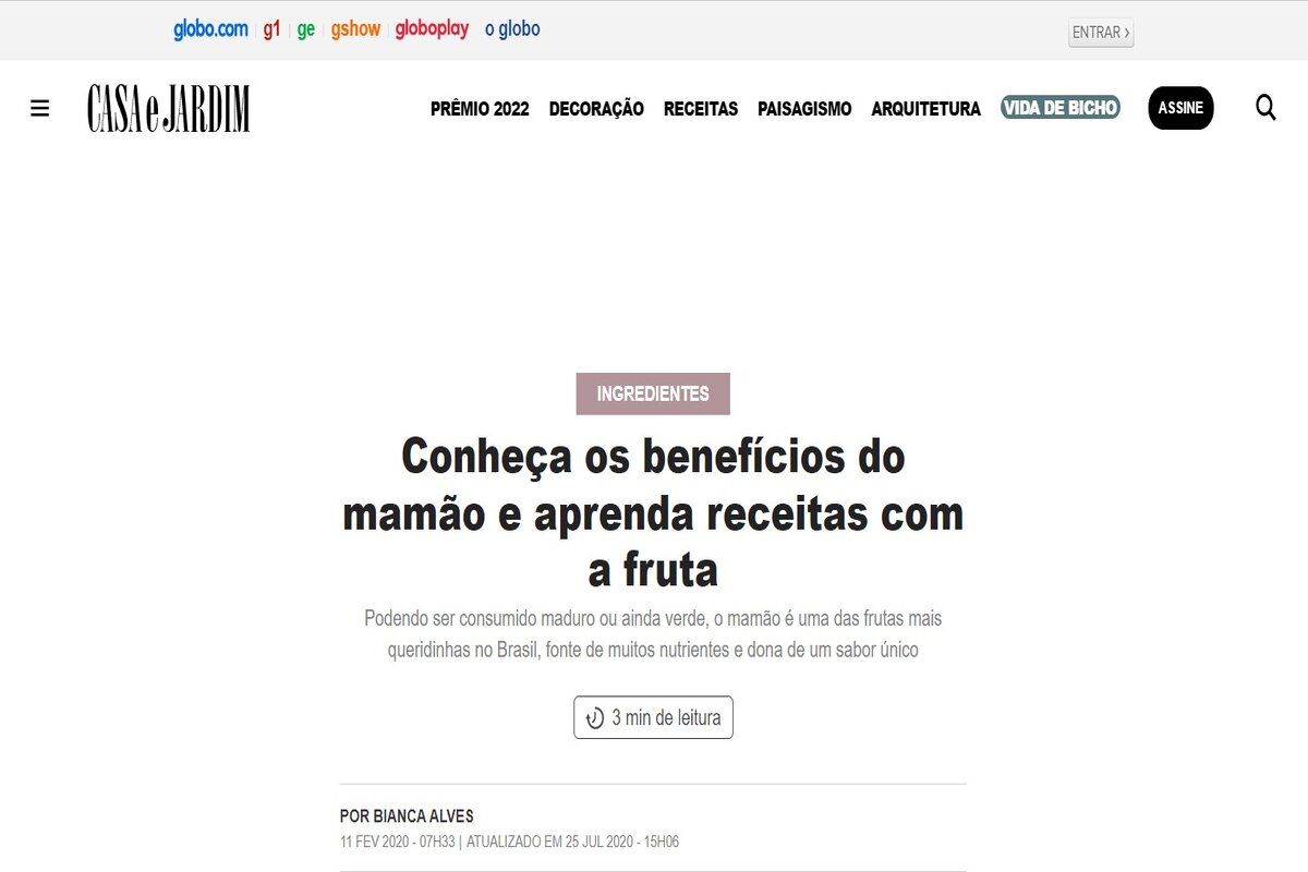 Reportagem sobre os benefícios do mamão - Imagem extraída do site revistacasaejardim.globo.com