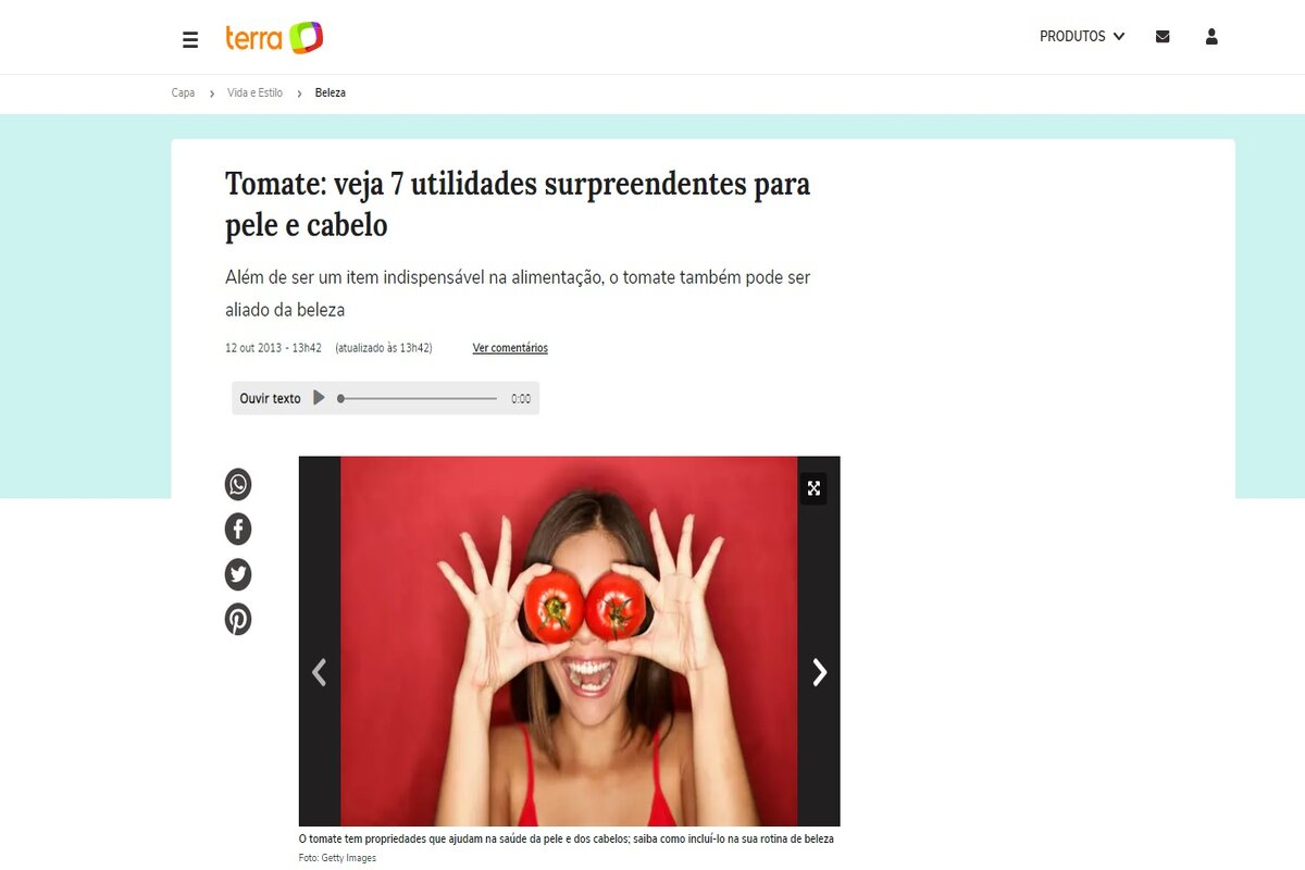 Reportagem sobre os benefícios do tomate para a pele e o cabelo - Imagem extraída do site terra.com.br