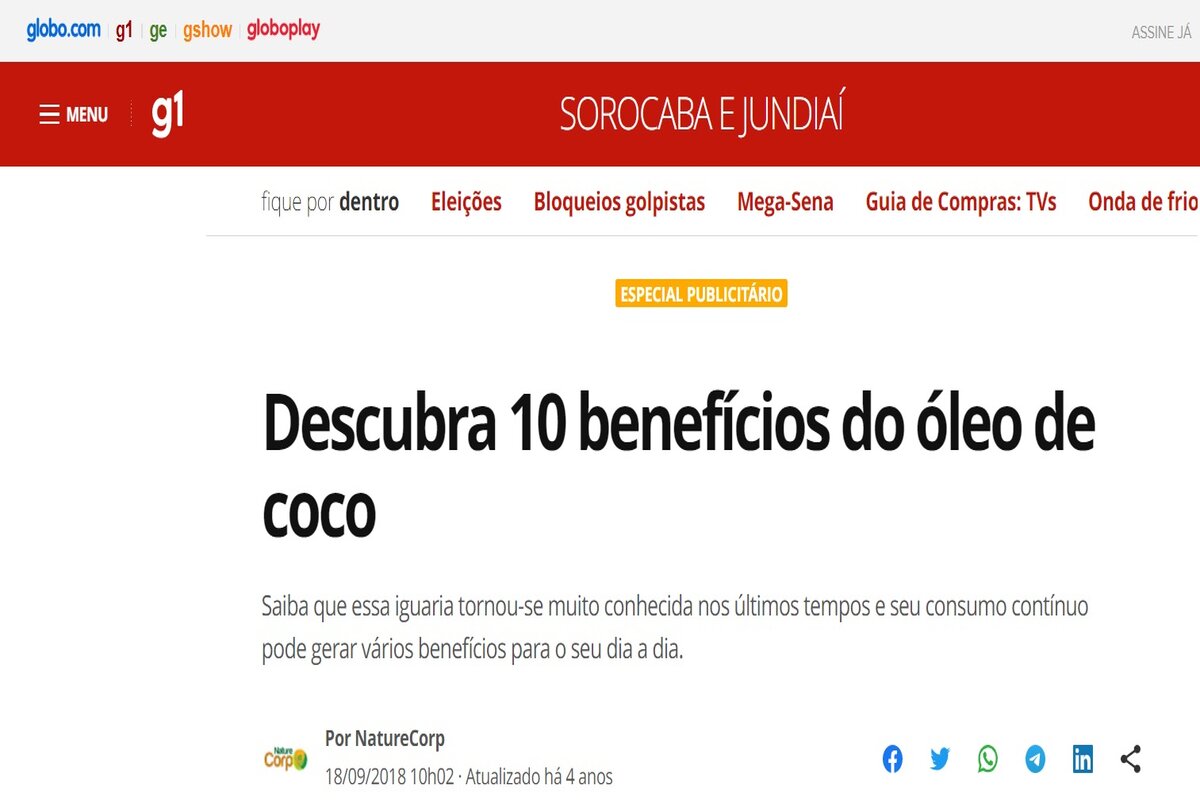 Reportagem sobre os benefícios do óleo de coco - Imagem extraída do site g1.globo.com