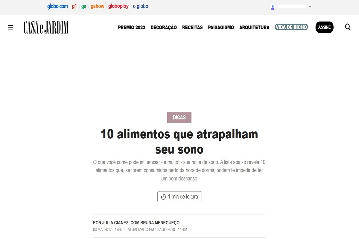 Reportagem sobre os 10 alimentos que trazem prejuízo ao sono - Imagem extraída do site revistacasaejardim.globo.com