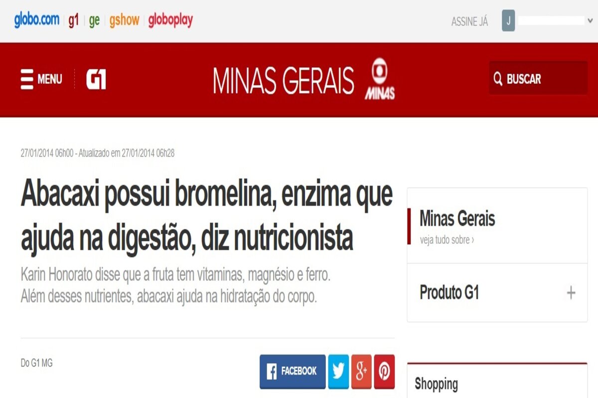 Reportagem sobre o beneficio do abacaxi - Imagem extraída do site g1.globo.com