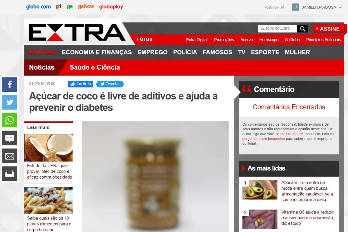 Reportagem sobre os benefícios do açúcar de coco - Imagem extraída do site extra.globo.com