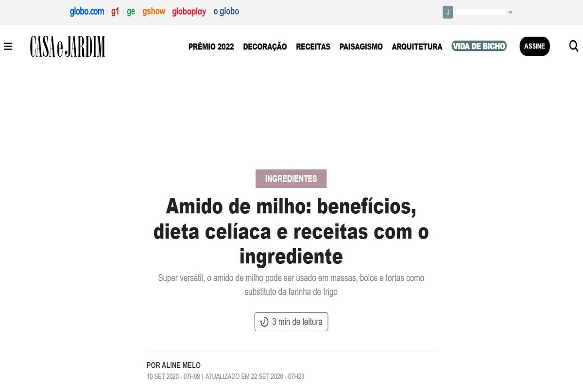 Reportagem sobre o benefício do amido de milho - Imagem extraída do site revistacasaejardim.globo.com