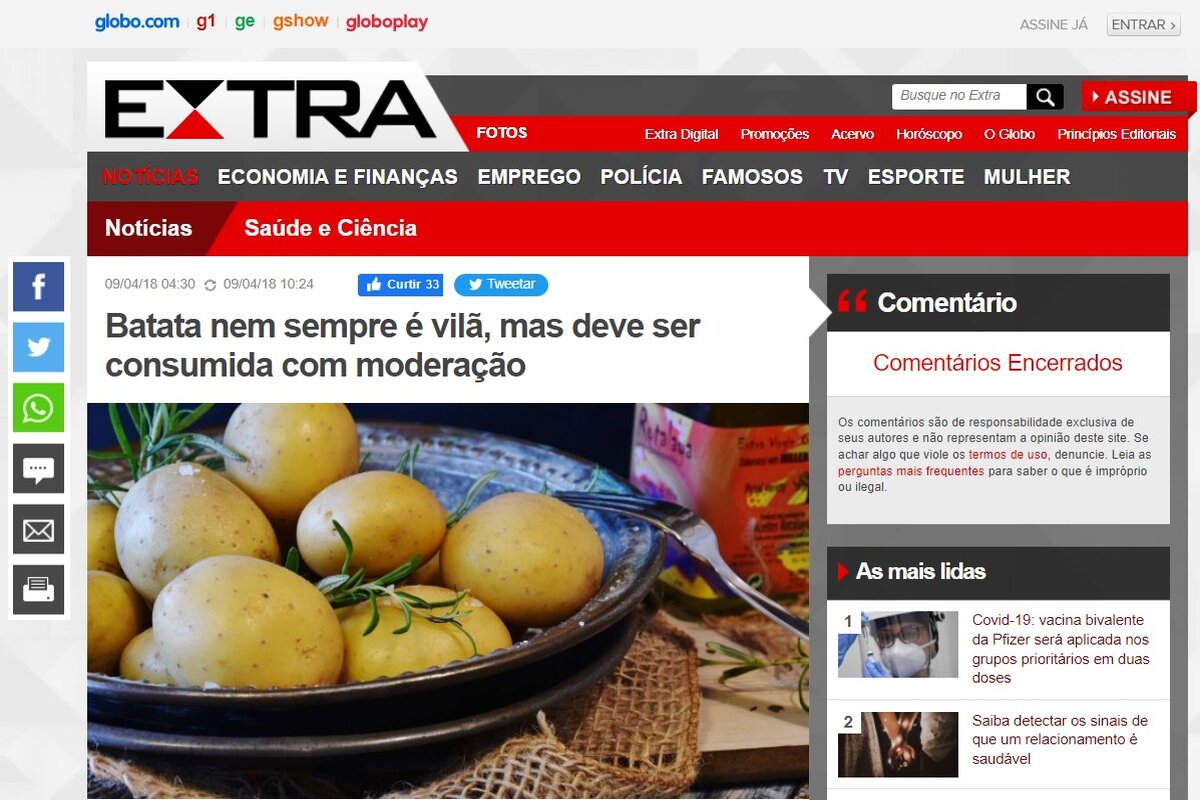 Reportagem sobre os benefícios da batata - Imagem extraída do site extra.globo.com