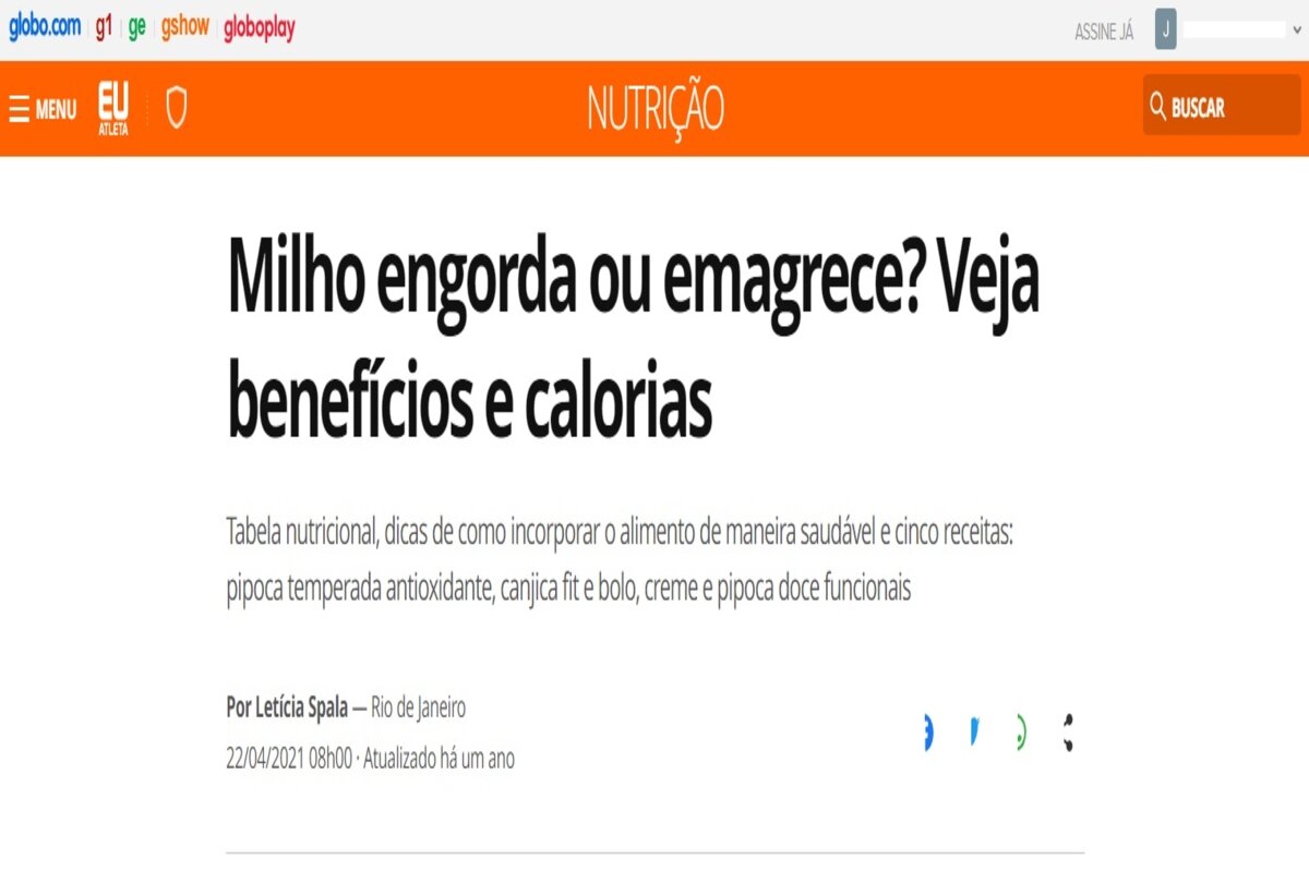Reportagem sobre os benefícios e calorias do milho - Imagem extraída do site ge.globo.com