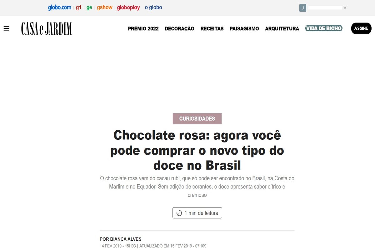 Reportagem sobre o chocolate rosa - Imagem extraída so site revistacasaejardim.globo.com