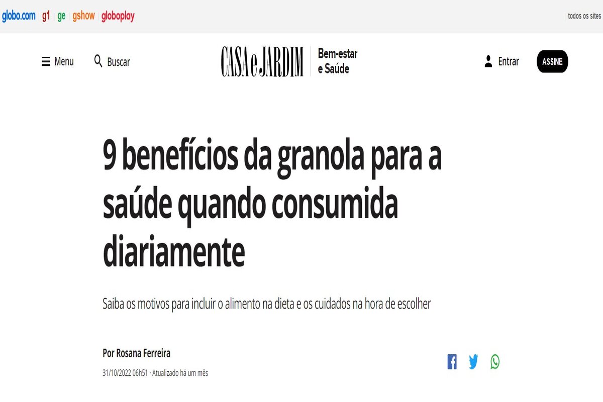 Reportagem sobre o benefício da granola - Imagem extraída do site revistacasaejardim.globo.com