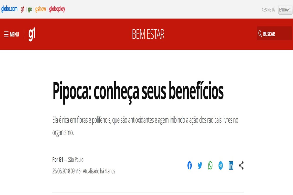Reportagem sobre os benefícios da pipoca - Imagem extraída do site g1.com.br