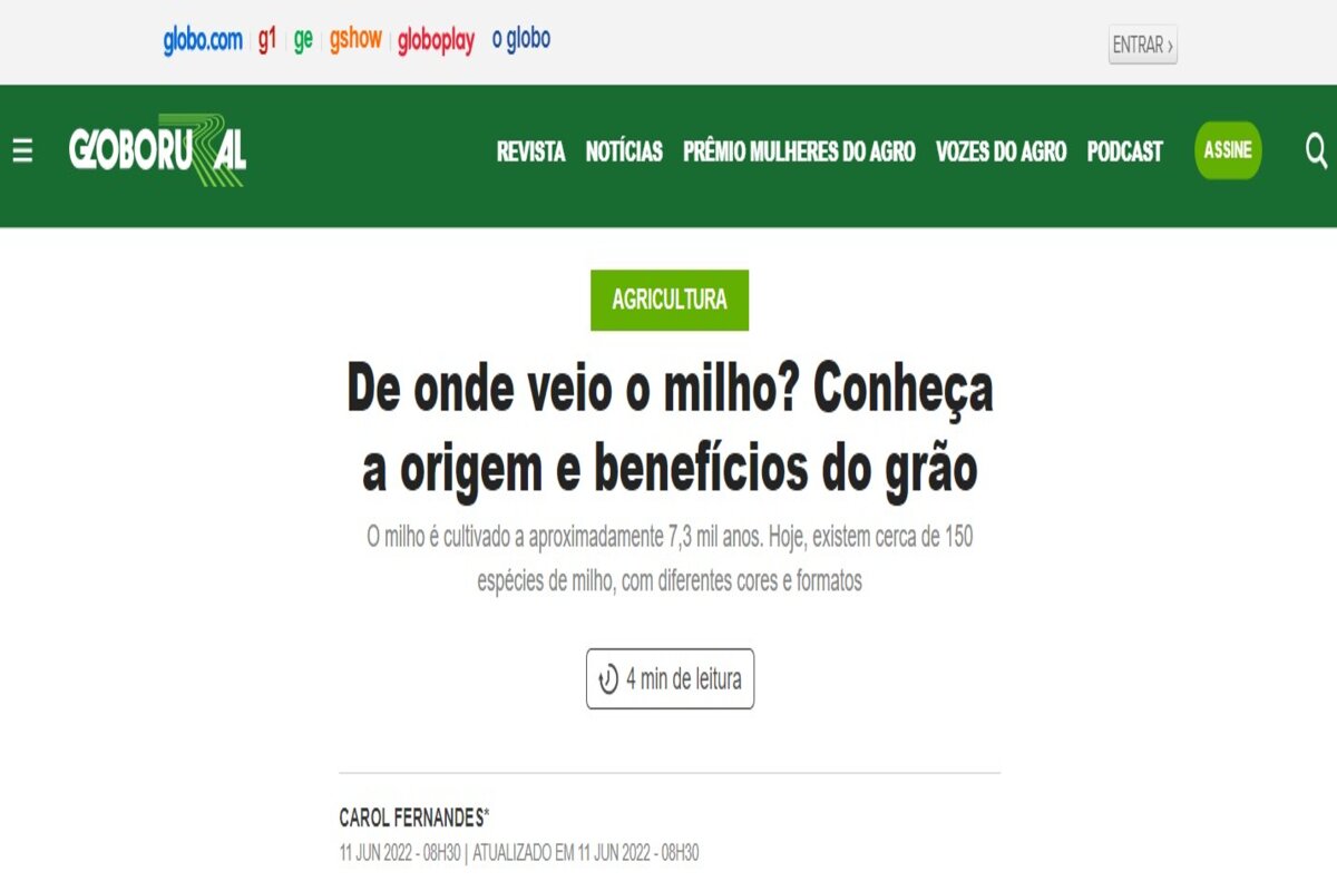 Reportagem sobre a origem e os benefícios do milho - Imagem extraída do site globorural.globo.com