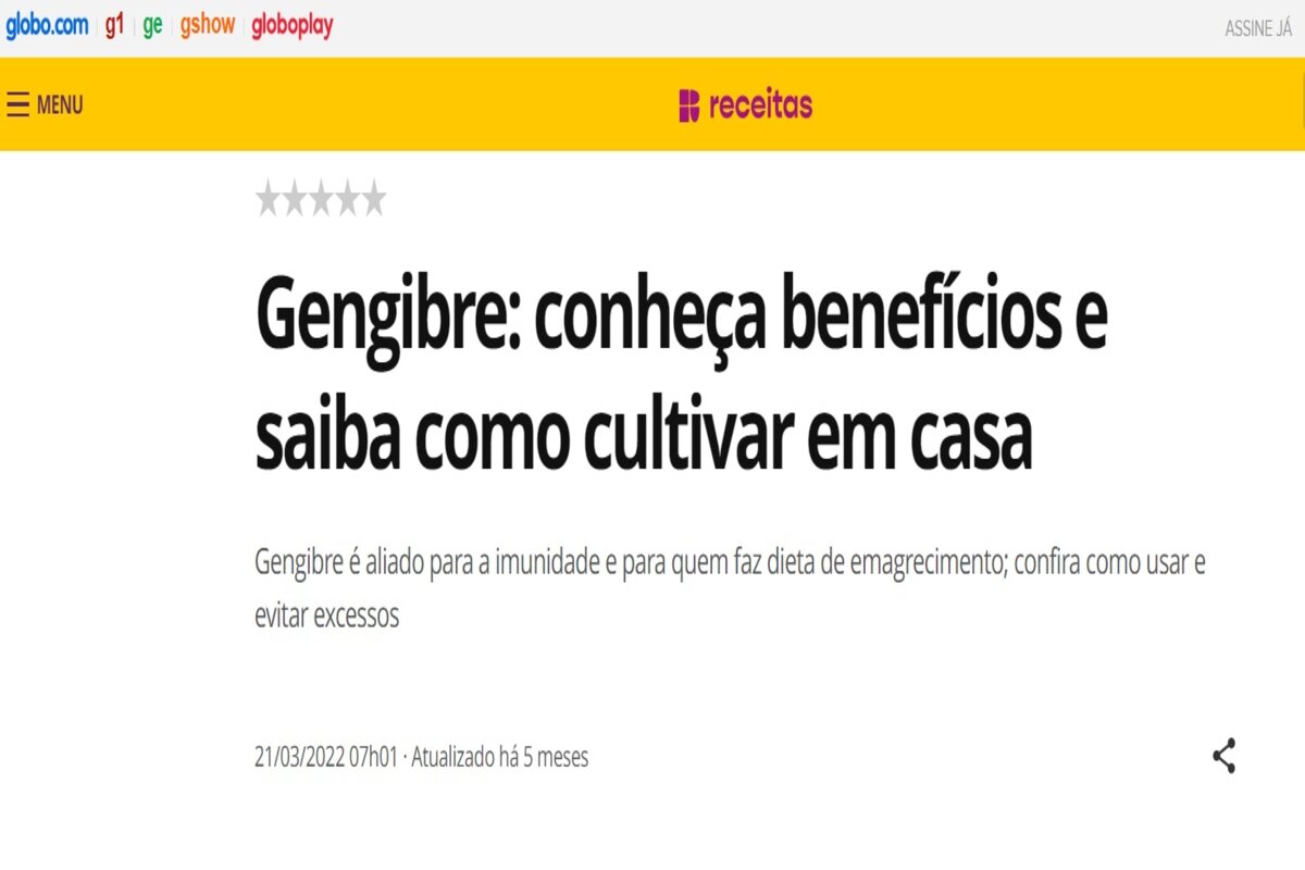 Reportagem sobre os benefícios do gengibre - Imagem extraída do site receitas.globo.com