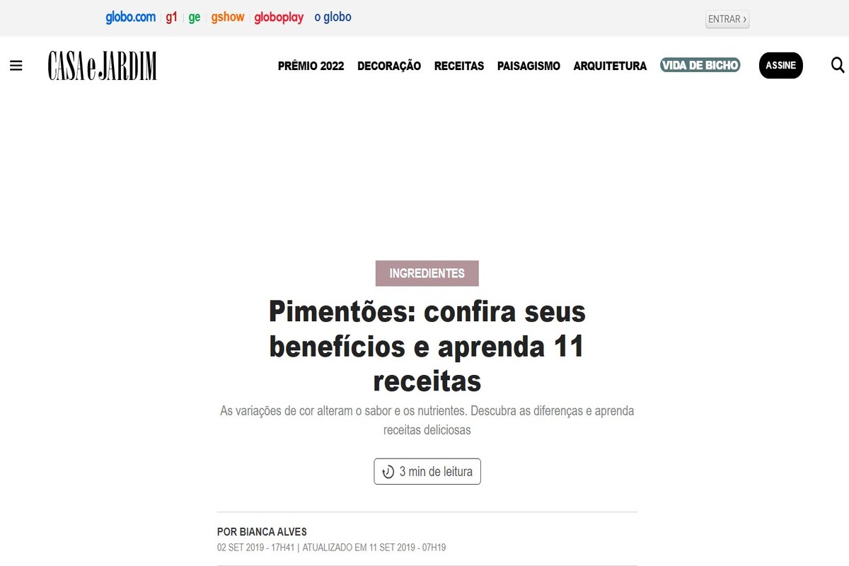 Reportagem sobre os benefícios dos pimentões - Imagem extraída do site revistacasaejardim.globo.com