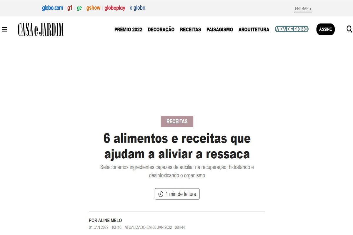 Reportagem sobre alimentos e receitas para aliviar ressaca - Imagem extraída do site revistacasaejardim.globo.com