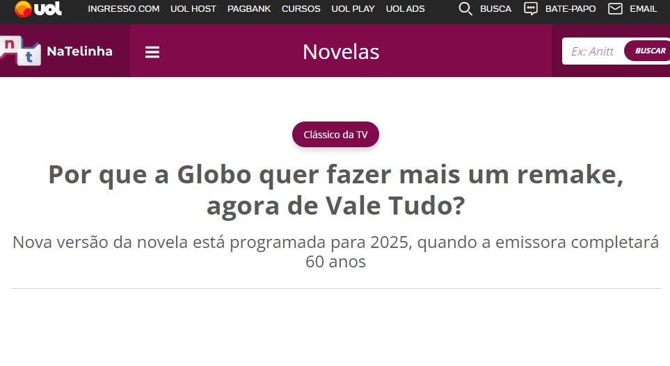 Vale tudo: clássica novela da Rede Globo ganha ‘remake’; saiba quando vai ao ar